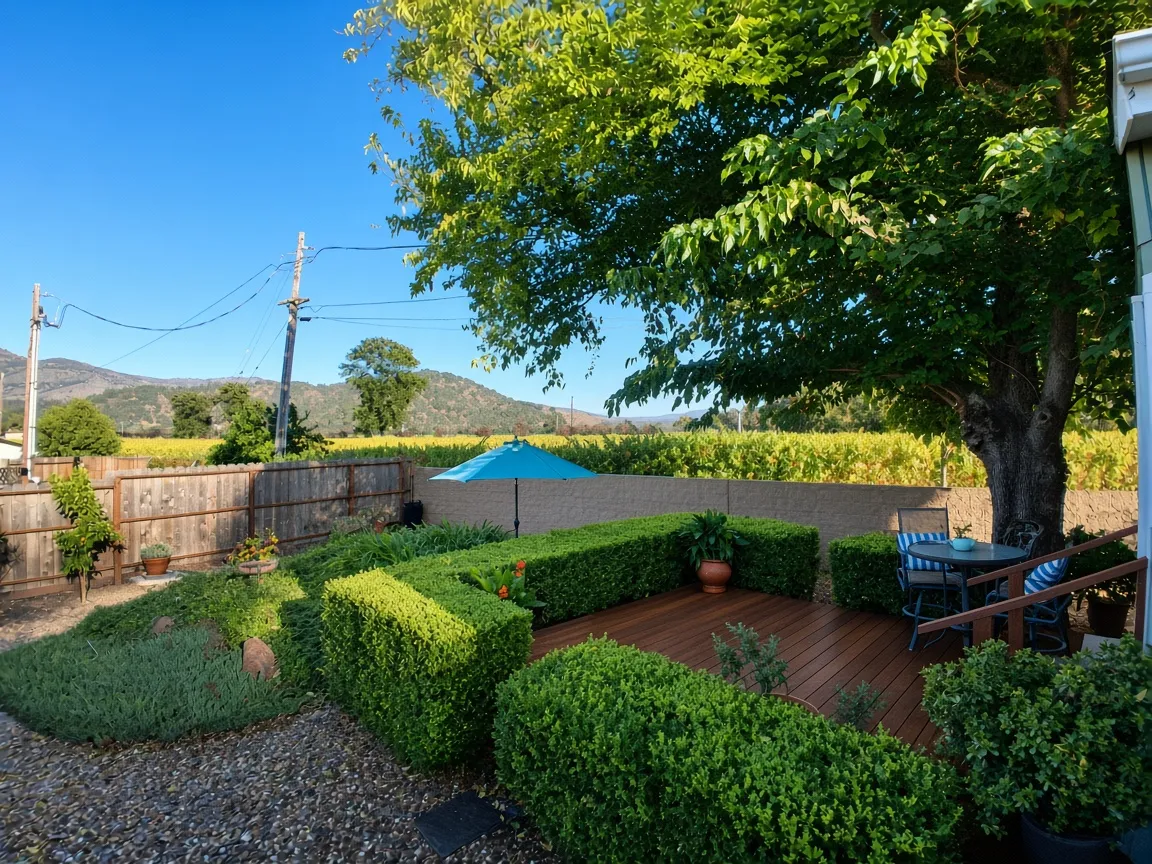 Private backyard with hedges and patio